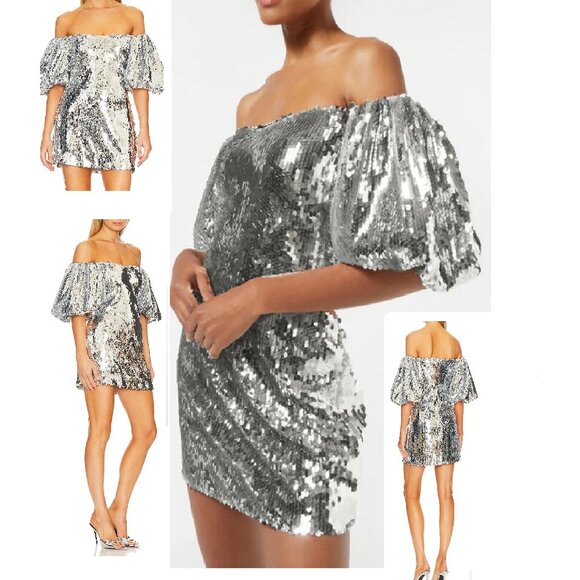 NEW RHODE DALI SILVER SEQUIN OFF THE SHOULDER DRESS W/PUFFY SLEEVES SIZE 4 - Picture 1 of 8